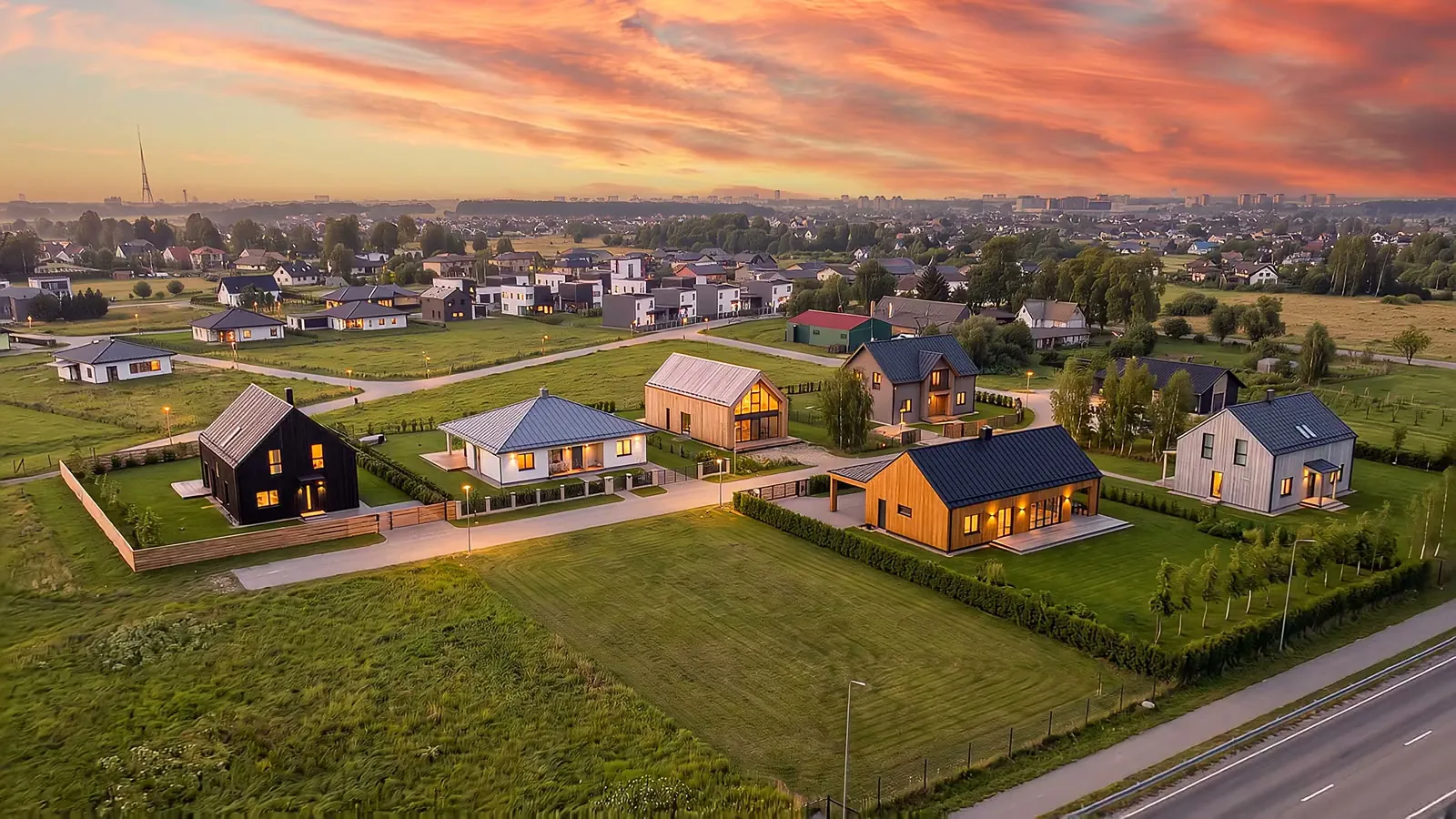 Goda ielas kvartāls vakarā: dažādas mājas ar siltu gaismu logos katra savā zemesgabalā, bruģēta iela ar laternām, pie horizonta Rīgas ugunis