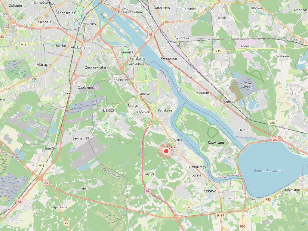 Krogsils на карте: Рига севернее, объездная A7 рядом, Ķekava южнее